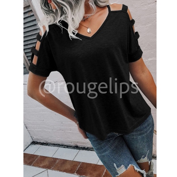 Black Casual Tee Shirt Cold Shoulder, Straps Short Sleeve Regular Fit - Picture 2 of 8